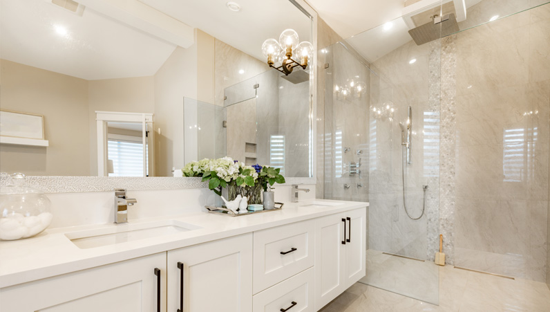 bathroom remodeling 2 1 Pearl white bathroom vanity and walk-in shower