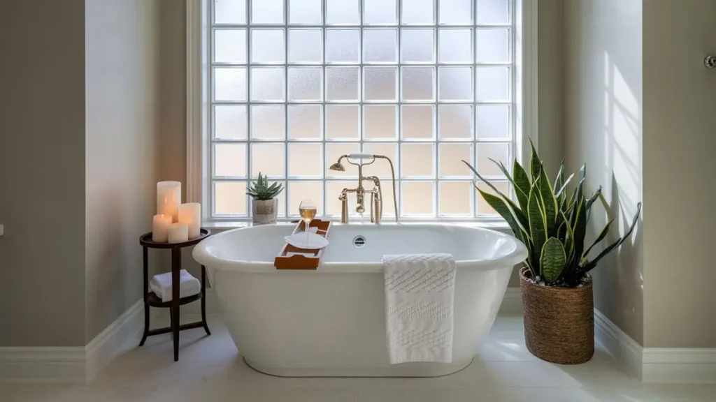 luxury home bathroom featuring a freestanding tub and a wooden tray with a glass of wine